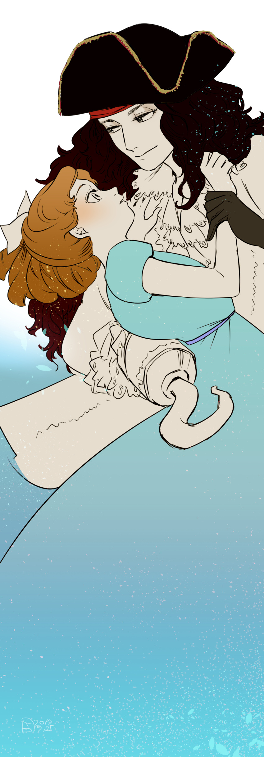 2girls, absurdres, brown_hair, gloves, hat, highres, hock, hook_hand