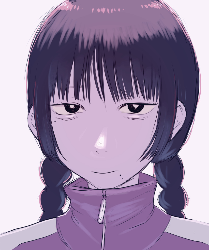 1girl, absurdres, asian, bags_under_eyes, braid, commentary_request, highres, jacket, koma_neko, limited_palette, low_twin_braids, mole, mole_under_eye, mole_under_mouth, multiple_moles, nakano_hitomi_(koma_neko), original, portrait, solo, track_jacket, twin_braids