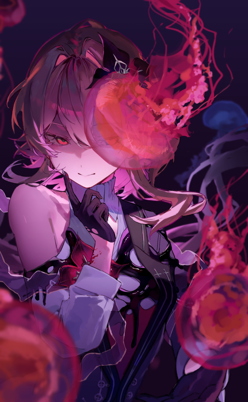 1girl, black_flower, black_gloves, blood, blood_on_hands, commentary, dress, evernight_(honkai:_star_rail), fingernails, flower, gloves, hair_between_eyes, hair_flower, hair_ornament, highres, honkai:_star_rail, honkai_(series), jellyfish, layered_dress, lei_(knfz7274), long_hair, march_7th_(honkai:_star_rail), pink_hair, red_eyes, red_flower, single_bare_shoulder, solo, upper_body, very_long_hair