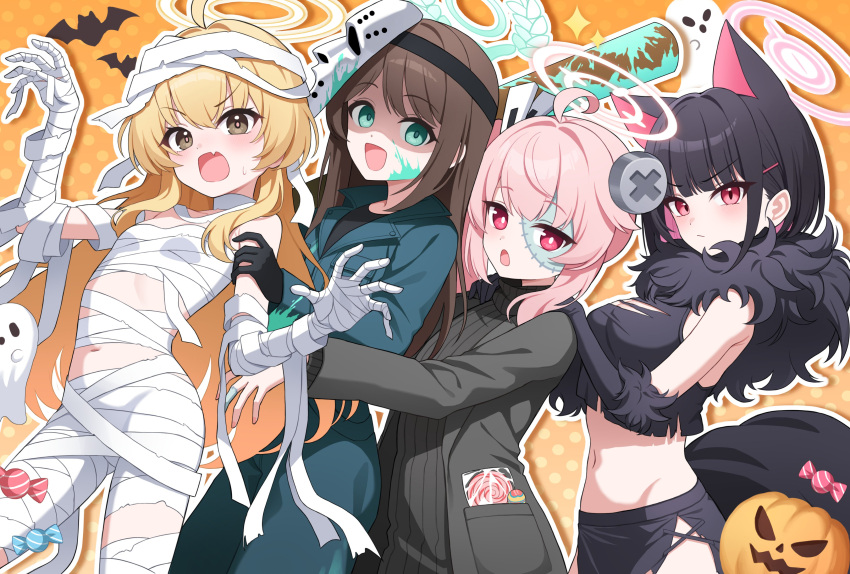 4girls, absurdres, ahoge, airi_(blue_archive), airi_(halloween)_(blue_archive), animal_ears, bandages, bat_(animal)