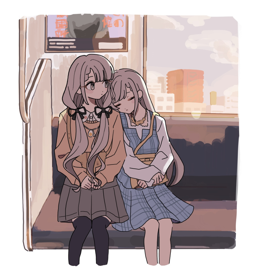 2girls, absurdres, asymmetrical_bangs, black_ribbon, black_thighhighs, blue_dress, blunt_bangs, braid, braided_bangs, brown_sweater, cropped_legs, dress, earrings, grey_hair, grey_skirt, hair_ribbon, highres, hisakawa_hayate, hisakawa_nagi, idolmaster, idolmaster_cinderella_girls, jewelry, leaning_on_person, leaning_to_the_side, long_hair, looking_to_the_side, mizuna, multiple_girls, pinafore_dress, pleated_skirt, ribbon, shirt, siblings, sisters, sitting, skirt, sleeping, sleeveless, sleeveless_dress, straight_hair, sweater, thigh-highs, train_interior, twins, twintails, very_long_hair, white_shirt