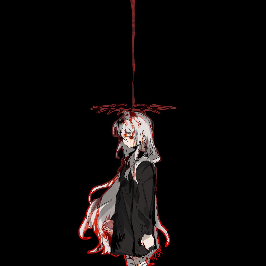 1girl, bandaged_fingers, bandaged_leg, bandages, black_background, black_dress, blood, blood_in_hair