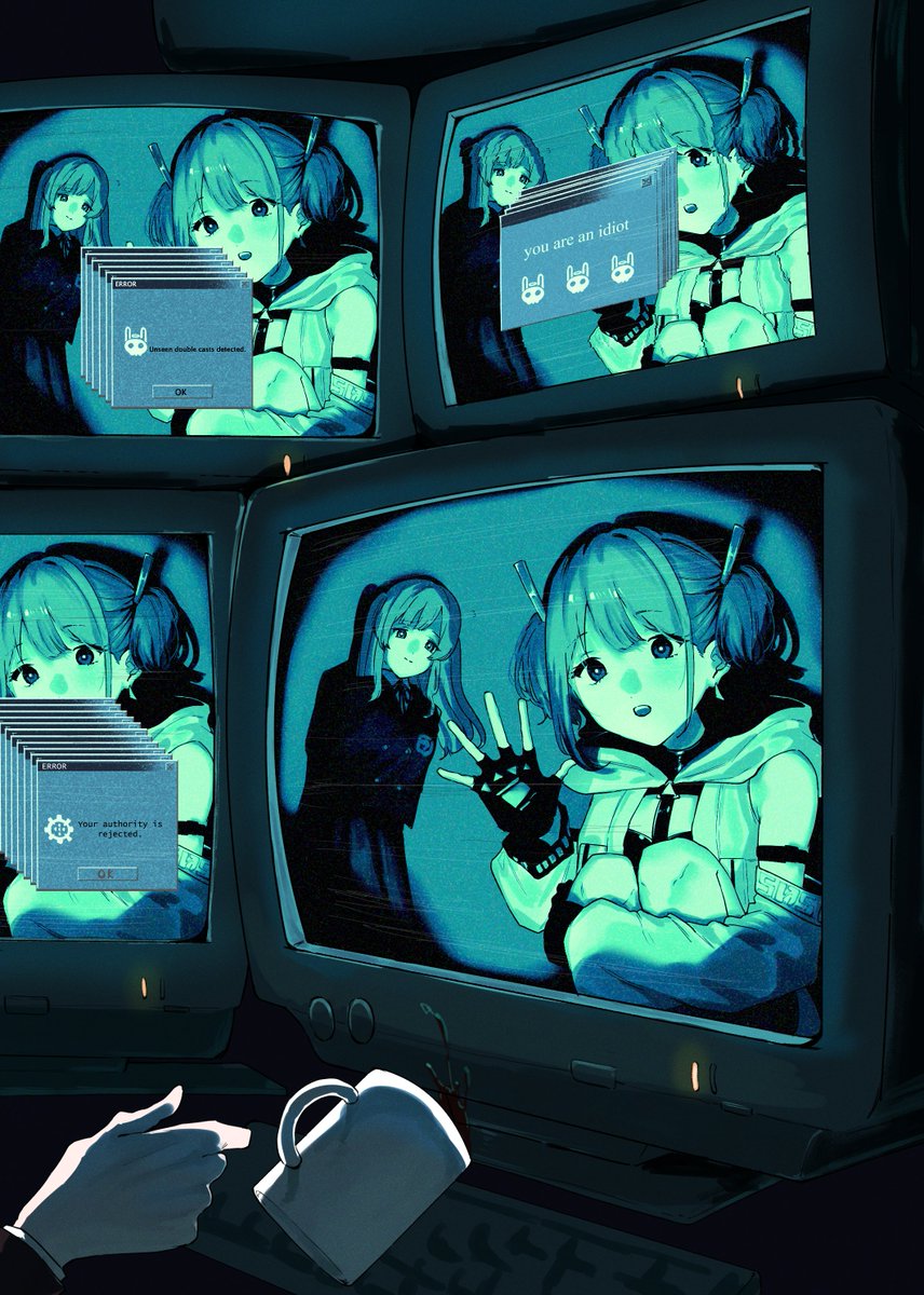 1boy, 2girls, commentary_request, computer_keyboard, crt, cup, detached_sleeves, dropping