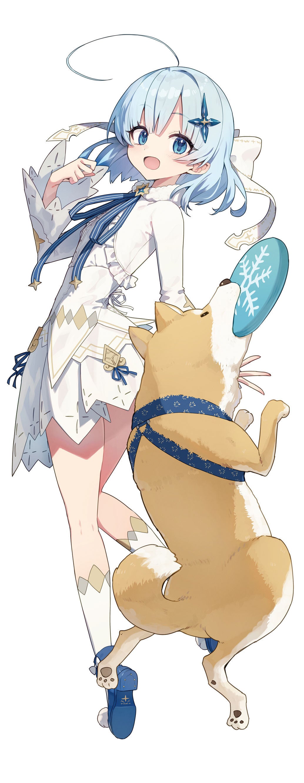 1girl, absurdres, blue_eyes, blue_shoes, bow, cura, dog, full_body