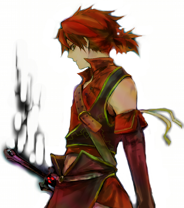belt, detached_sleeves, energy, hiro_(pixiv), male, nippon_ichi, ponytail, red_hair
