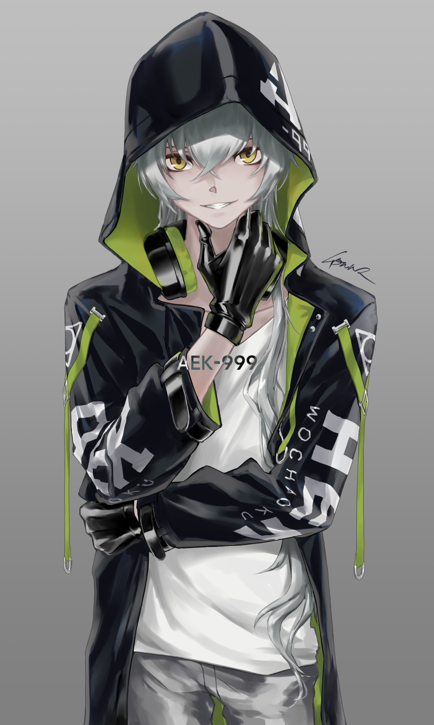 1girl, aek-999_(babe_driver)_(girls'_frontline), aek-999_(girls'_frontline), artist_name, black_gloves, black_jacket, character_name, clothes_writing