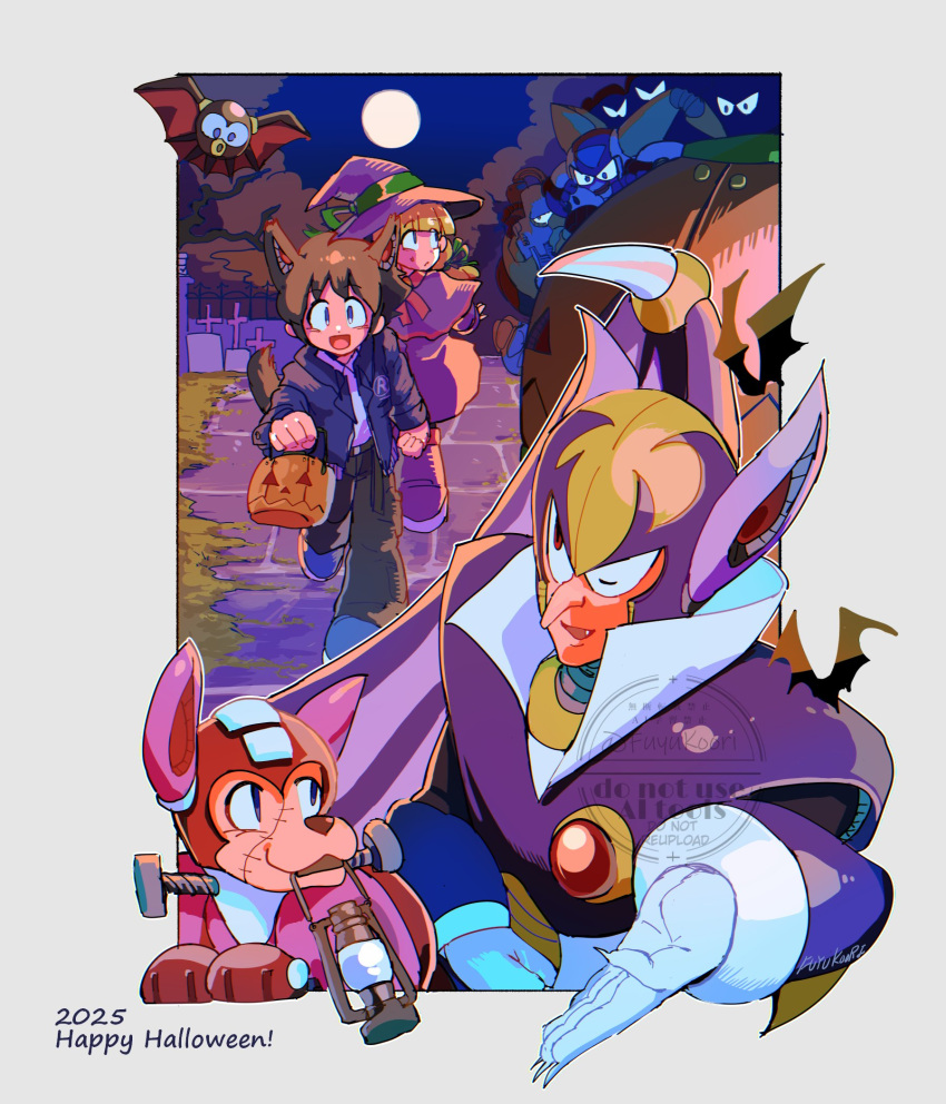 blonde_hair, border, brown_hair, full_moon, green_eyes, halloween, highres, mega_man_(character)