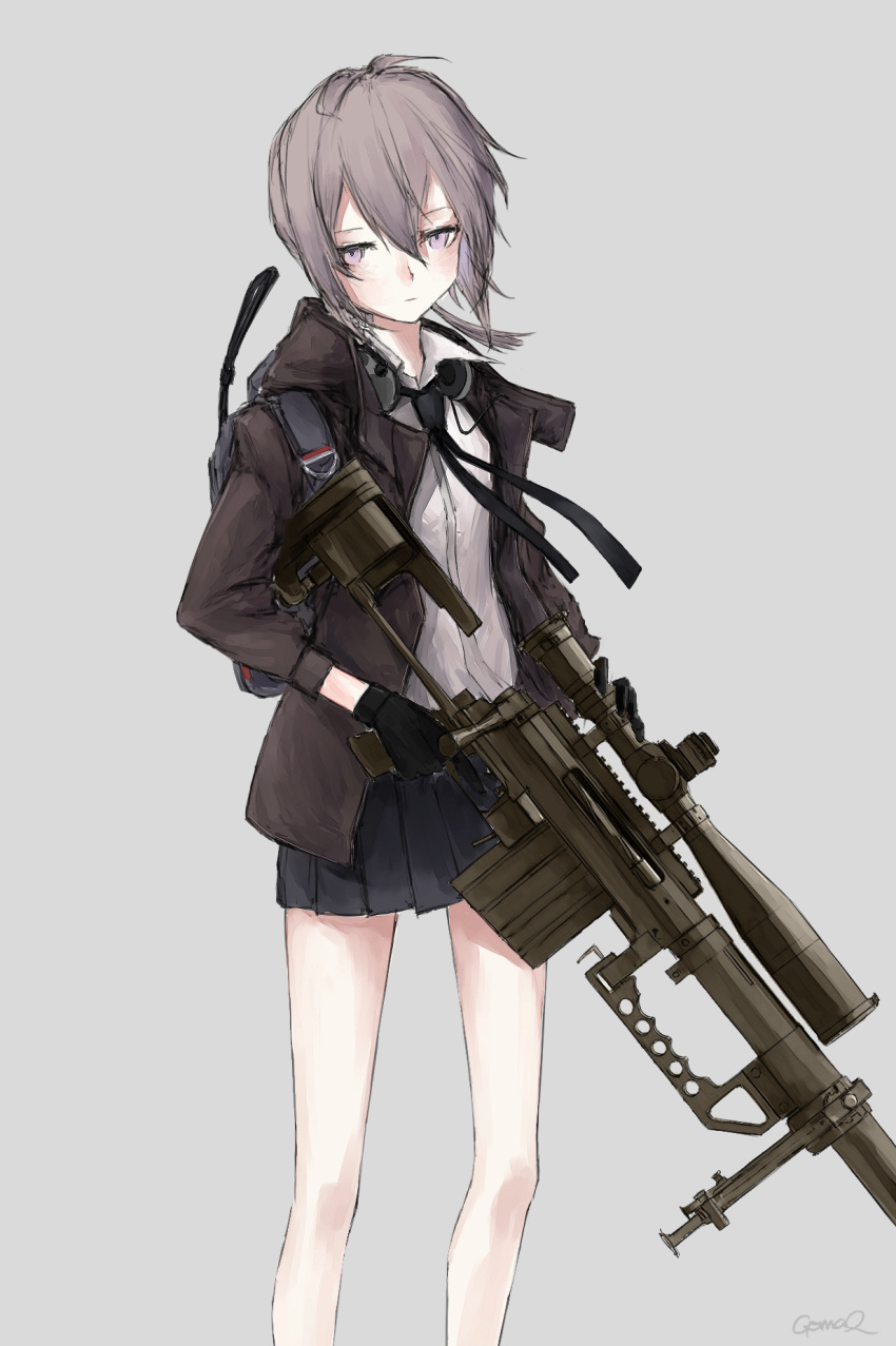 1girl, artist_name, backpack, bag, black_gloves, black_necktie, black_skirt, bolt_action