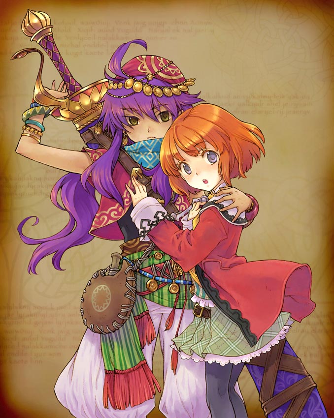 1girl, anwar, avalon_code, baggy_pants, bracelet, coin, hand_on_shoulder, jewelry, long_hair, orange_hair, pantyhose, purple_hair, saikachi, short_hair, sword, tia, tia_(avalon_code), weapon