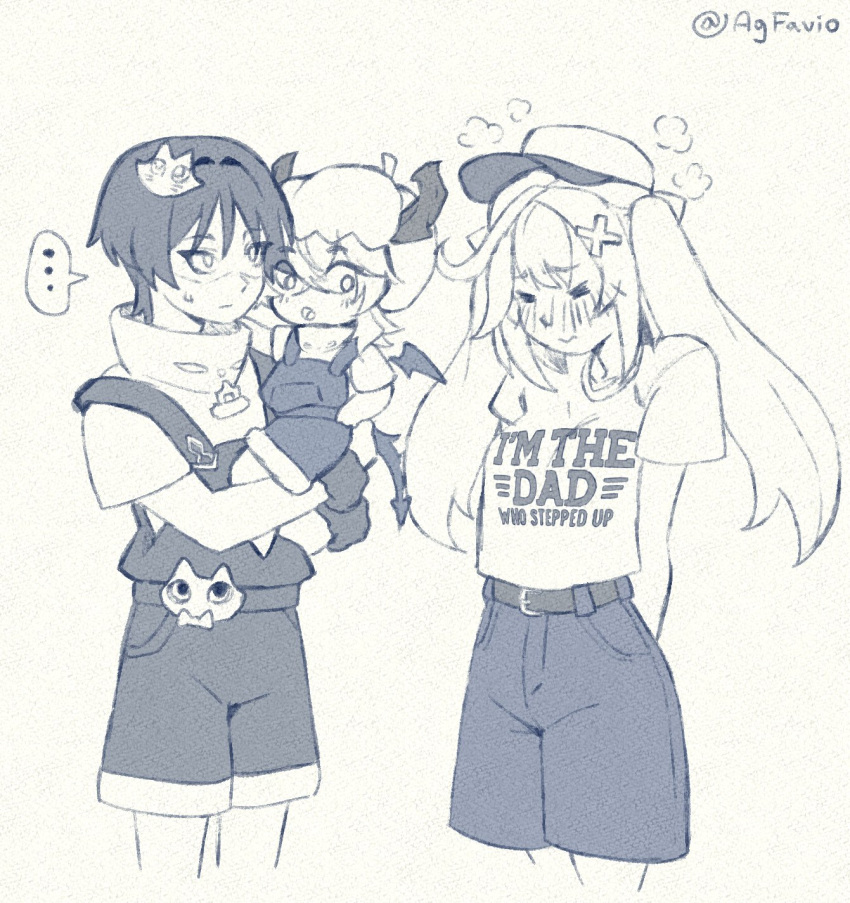 1girl, 2boys, aged_down, agfavio, alternate_costume, arms_behind_back, baseball_cap, belt, belt_buckle, blunt_ends, blush, breasts, buckle, carrying, casual, cat_hair_ornament, child, child_carry, closed_mouth, collarbone, contemporary, cowlick, cropped_legs, crossed_bangs, detached_wings, double-parted_bangs, dragon_boy, dragon_horns, dragon_tail, dragon_wings, embarrassed, english_text, facing_down, family, faruzan_(genshin_impact), fur_wrist_cuffs, genshin_impact, greyscale, hair_between_eyes, hair_intakes, hair_ornament, hat, highres, horns, long_hair, looking_at_another, looking_down, matching_outfits, medium_breasts, mini_durin_(genshin_impact), mini_durin_(human)_(genshin_impact), monochrome, multiple_boys, official_alternate_costume, open_mouth, overalls, scaramouche_(genshin_impact), shaded_face, shirt, short_sleeves, shorts, sidelocks, spiked_tail, steam, tail, tongue, twintails, twitter_username, undershirt, wanderer_(genshin_impact), white_background, wings, wispy_bangs, wrist_cuffs, x_hair_ornament