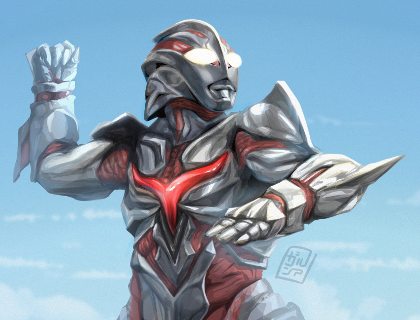 1boy, alien, arm_up, armor, artist_name, blue_sky, breastplate, clenched_hand