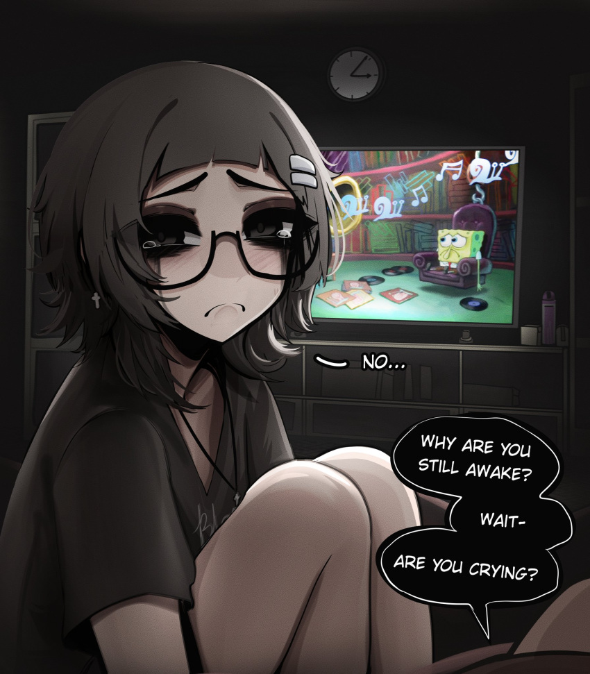 1girl, arched_bangs, black-framed_eyewear, black_eyes, black_hair, black_shirt, clock, closed_mouth