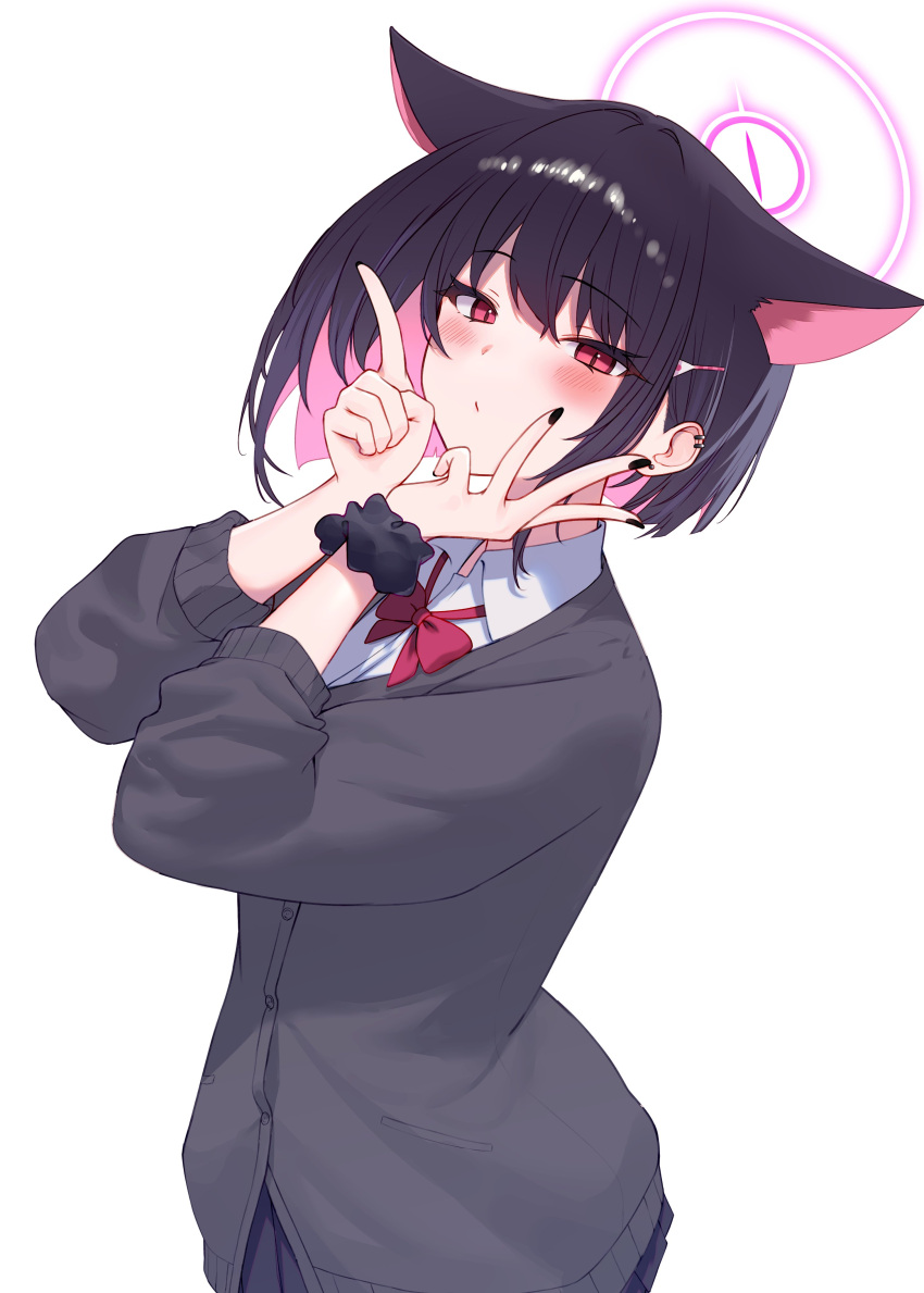 1girl, absurdres, alternate_costume, animal_ears, black_hair, black_jacket, black_nails, black_scrunchie