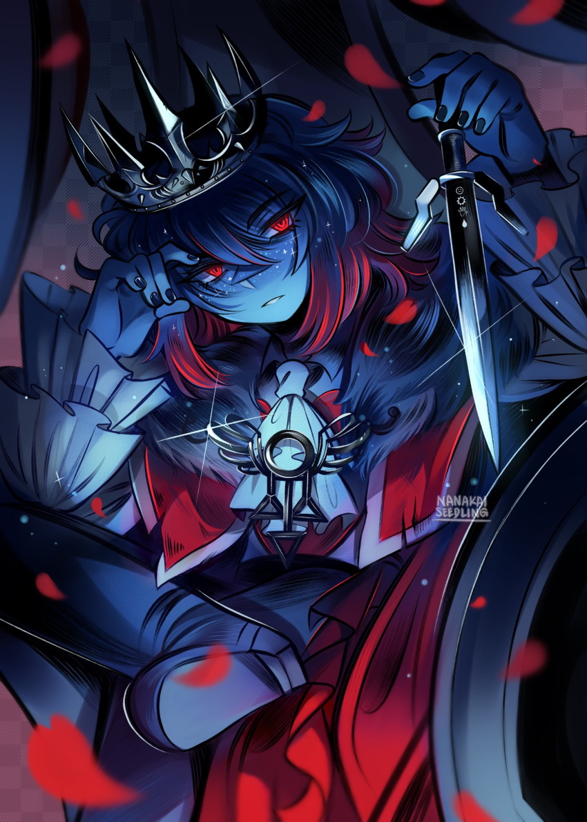 1other, alternate_costume, artist_name, ascot, black_crown, black_nails, blue_hair, blue_pants