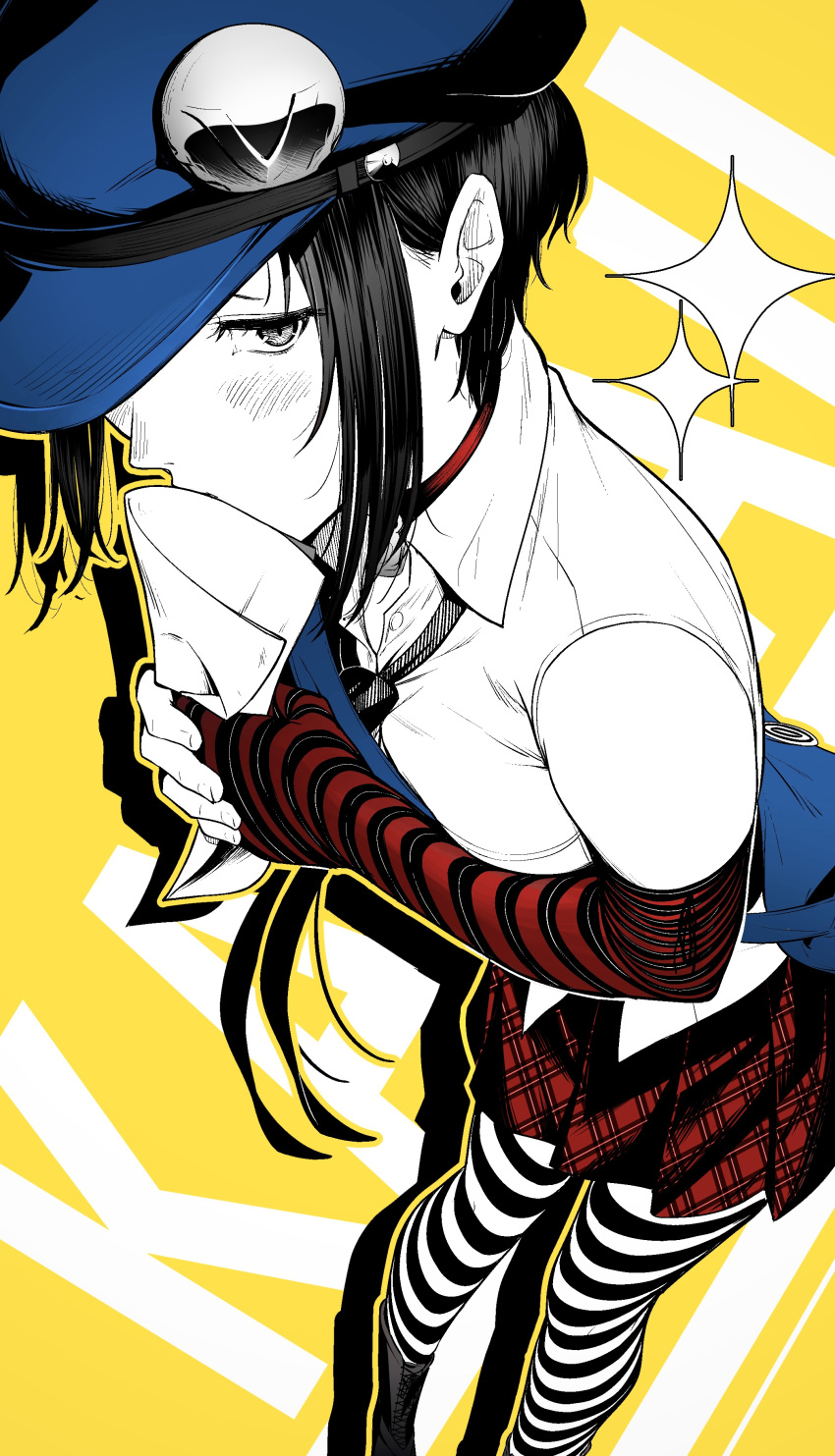 1girl, absurdres, bag, bare_shoulders, black_boots, black_hair, blue_hat, blush