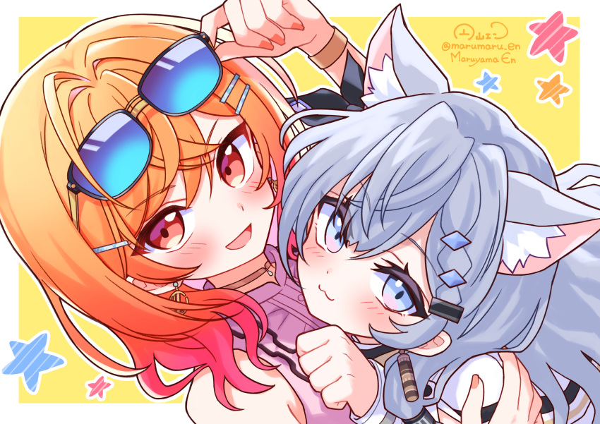 2girls, :3, animal_ears, artist_name, blue_eyes, cat_ears, earrings, eyewear_on_head