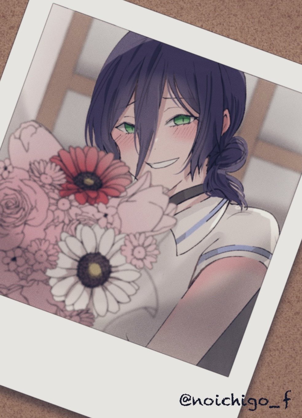 1girl, black_choker, blush, bouquet, chainsaw_man, choker, clenched_teeth, commentary_request, flower, green_eyes, hair_between_eyes, hair_bun, highres, holding, holding_bouquet, long_hair_between_eyes, looking_at_viewer, medium_hair, noichigo_f, photo_(object), polo_shirt, purple_hair, reze_(chainsaw_man), shirt, short_sleeves, smile, solo, teeth, twitter_username, upper_body, white_shirt