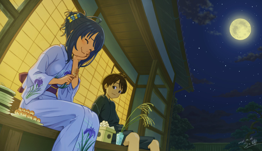 1boy, 1girl, ahoge, alternate_hairstyle, architecture, black_eyes, black_hair, black_kimono
