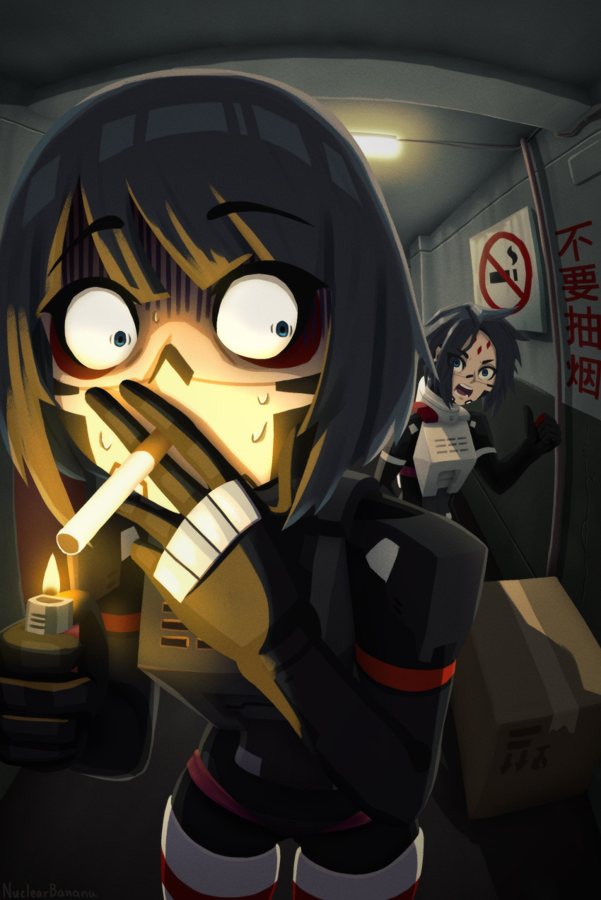 2girls, absurdres, artist_name, black_hair, blue_eyes, bob_cut, box, cardboard_box, cigarette, commentary, constricted_pupils, english_commentary, facial_mark, hallway, highres, indoors, kolibri_(signalis), lighter, multiple_girls, nervous_sweating, no_smoking, nuclearbanan, open_mouth, partially_shaded_face, signalis, smoking, star_(signalis), sweat, wide-eyed