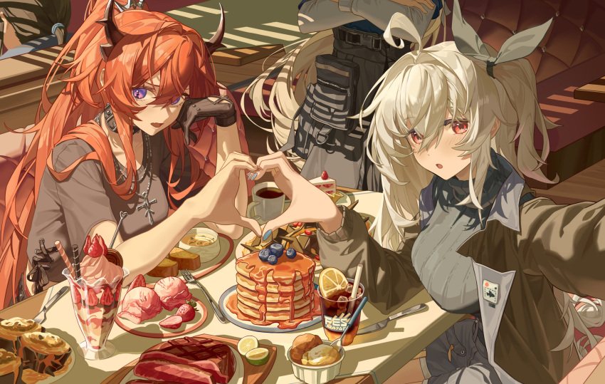 4girls, ahoge, arknights, bagpipe_(arknights), blueberry, booth_seating, bow, bread
