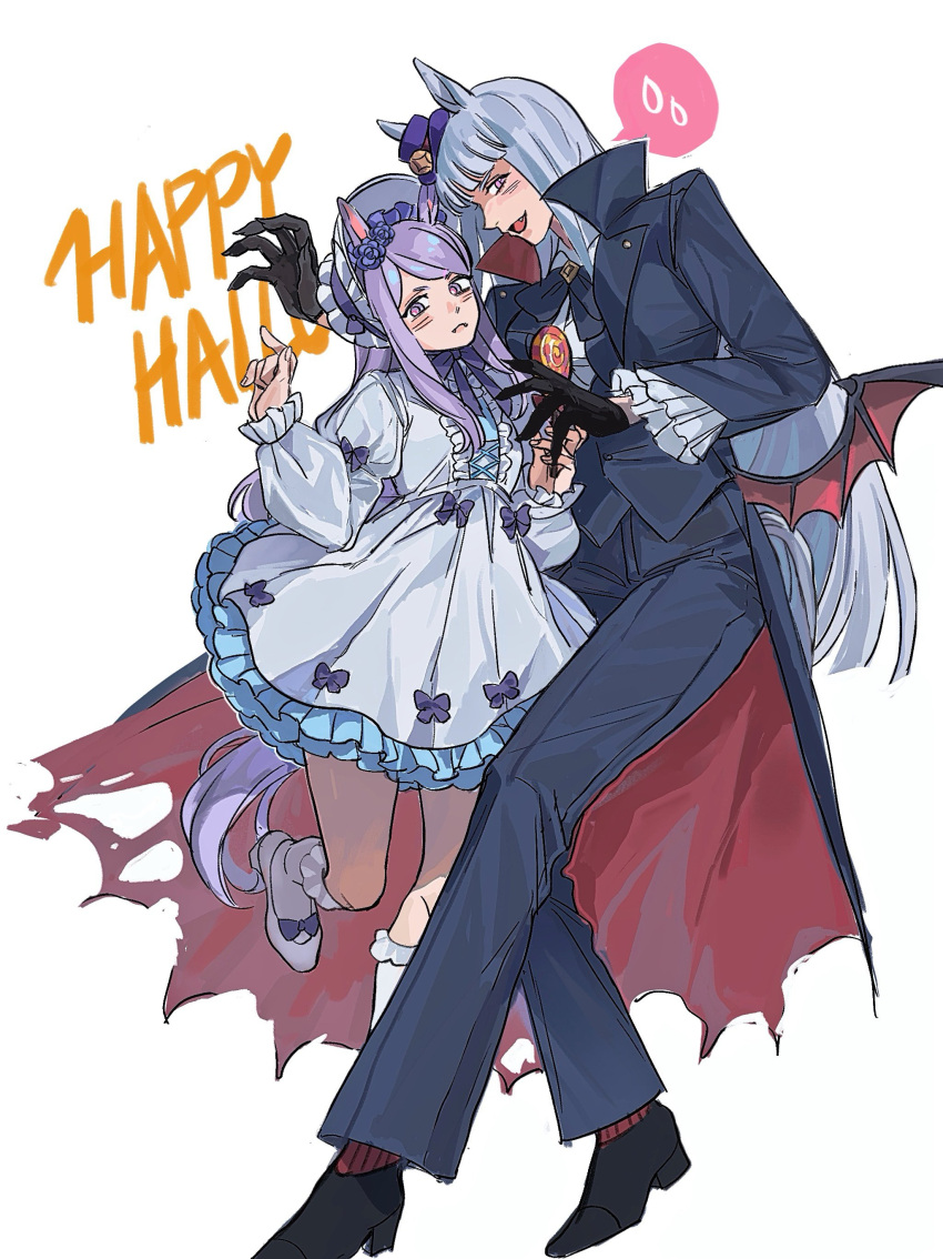 2girls, absurdres, alternate_costume, ammi_(mayflyaa), animal_ears, black_cape, black_gloves, black_jacket