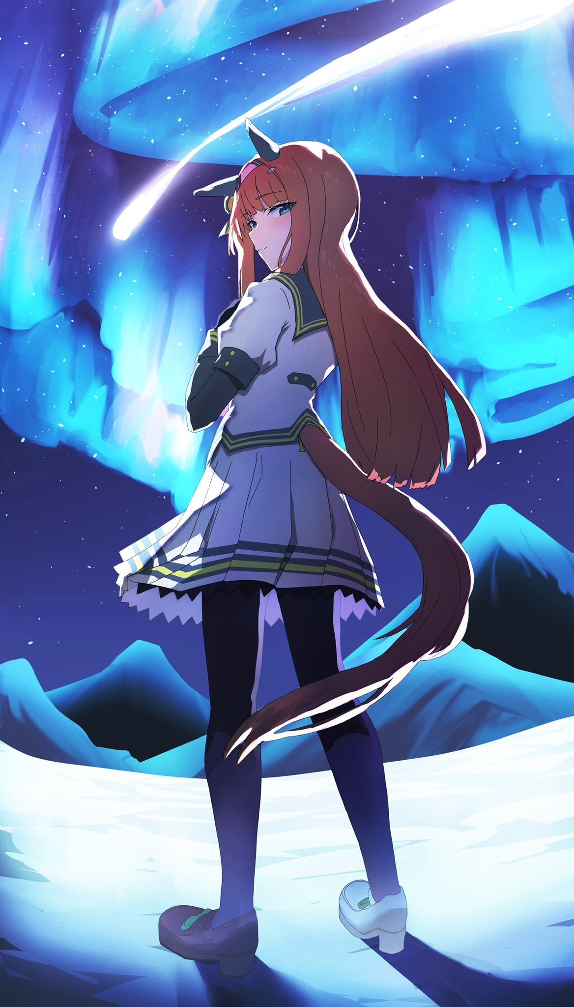 1girl, alumina_(kennmeidesu), animal_ears, asymmetrical_footwear, aurora, black_gloves, black_pantyhose, blue_eyes