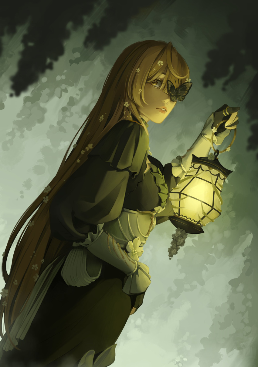 1girl, absurdres, breasts, brown_eyes, brown_hair, bunbunanart, butterfly_over_eye, commentary, flower, from_side, hair_flower, hair_ornament, highres, holding, holding_lantern, klara_charmwood, klara_charmwood_(1st_costume), lantern, long_hair, looking_at_viewer, medium_breasts, nijisanji, nijisanji_en, parted_lips, solo, symbol-only_commentary, very_long_hair, virtual_youtuber