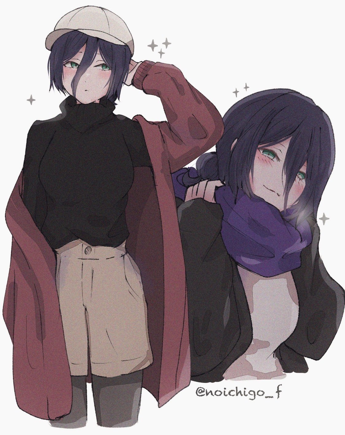 1girl, arm_up, artist_name, black_sweater, blush, breasts, chainsaw_man, coat