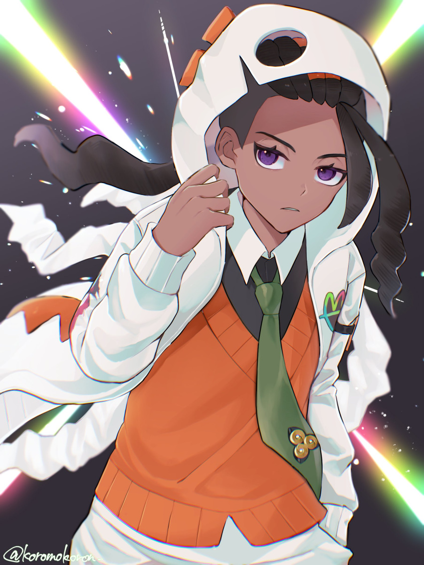 1boy, absurdres, black_hair, collared_shirt, dark-skinned_male, dark_skin, green_necktie, highres