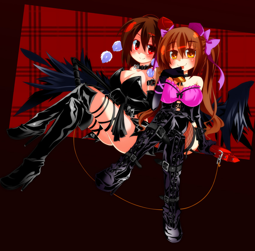 alternate_costume, bare_shoulders, black_legwear, blush, boots, bow, breasts, brown_eyes