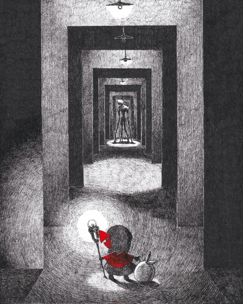 1girl, ballpoint_pen_(medium), bow, capelet, commentary, creature, crosshatching, facing_away, greyscale, hair_bow, hatching_(texture), holding, holding_staff, horror_(theme), light_bulb, monochrome, original, pen_(medium), red_bow, red_capelet, sack, spot_color, staff, standing, symbol-only_commentary, traditional_media, vanishing_point, yatara