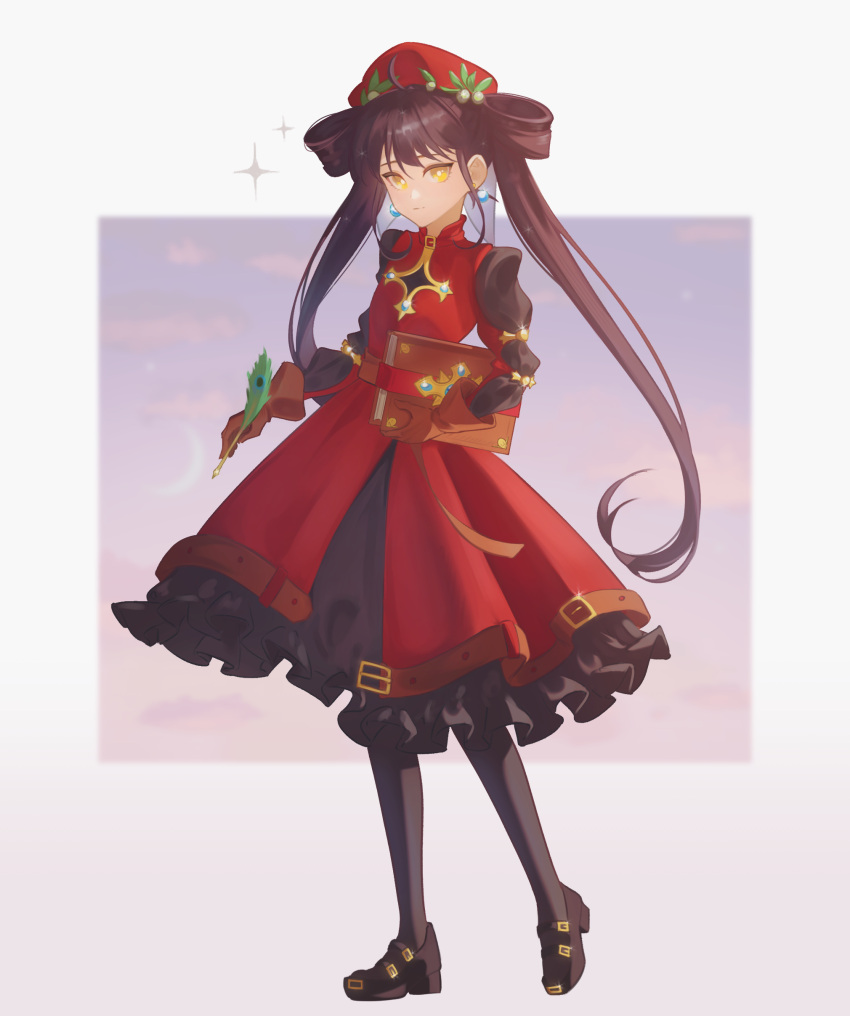 1girl, absurdres, belt_buckle, beret, black_dress, black_hair, black_pantyhose, black_shoes