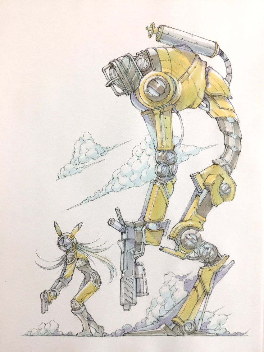 1girl, animal_ear_helmet, animal_ears, animal_helmet, blonde_hair, bodysuit, boots, clouds