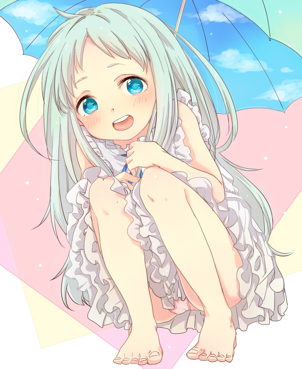 ano_hi_mita_hana_no_namae_wo_bokutachi_wa_mada_shiranai, barefoot, blue_eyes, blush, dress, face, feet, frills, hino_(gonta523), honma_meiko, long_hair, looking_down, open_mouth, panties, pink_panties, silver_hair, sitting, sky, sky_print, sleeveless, smile, squatting, umbrella, underwear