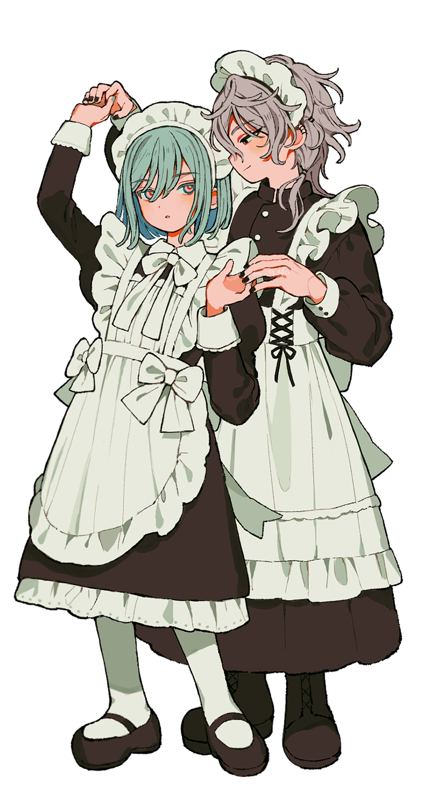 18trip, 2boys, alternate_costume, apron, azekawa_kinari, back_bow, black_boots, black_dress
