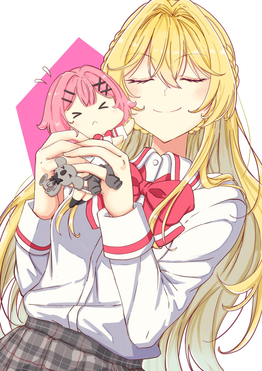 >_<, amaori_renako, ashigaya_high_school_uniform, blonde_hair, braid, cardigan, cardigan_around_waist, clothes_around_waist
