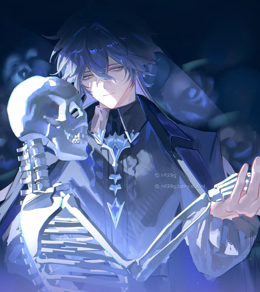 1boy, arm_up, black_coat, blue_gemstone, blue_hair, closed_mouth, coat, collared_shirt