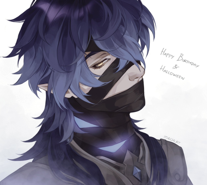 1boy, bandaged_head, bandages, blue_hair, commentary, cosplay, covered_mouth, english_commentary