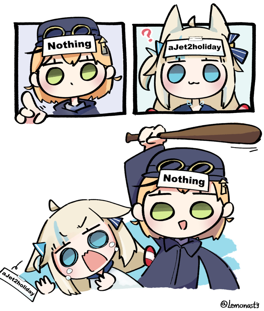 2girls, :3, :d, ?, animal_ears, arm_up, artist_name, baseball_bat, blonde_hair, blue_eyes, blue_hat, blue_streaks, cat_ears, closed_mouth, commentary, dooby, dooby_(1st_costume), dot_mouth, dress, english_commentary, english_text, hat, highres, holding, holding_baseball_bat, indie_virtual_youtuber, lemonasty, lifebuoy_hair_ornament, long_hair, looking_at_another, meme, multicolored_hair, multiple_girls, nothing_beats_a_jet2_holiday_(meme), open_mouth, sameko_saba, short_hair, sign, smile, streaked_hair, tape, twintails, twitter_username, upper_body, very_long_hair, virtual_youtuber, white_dress
