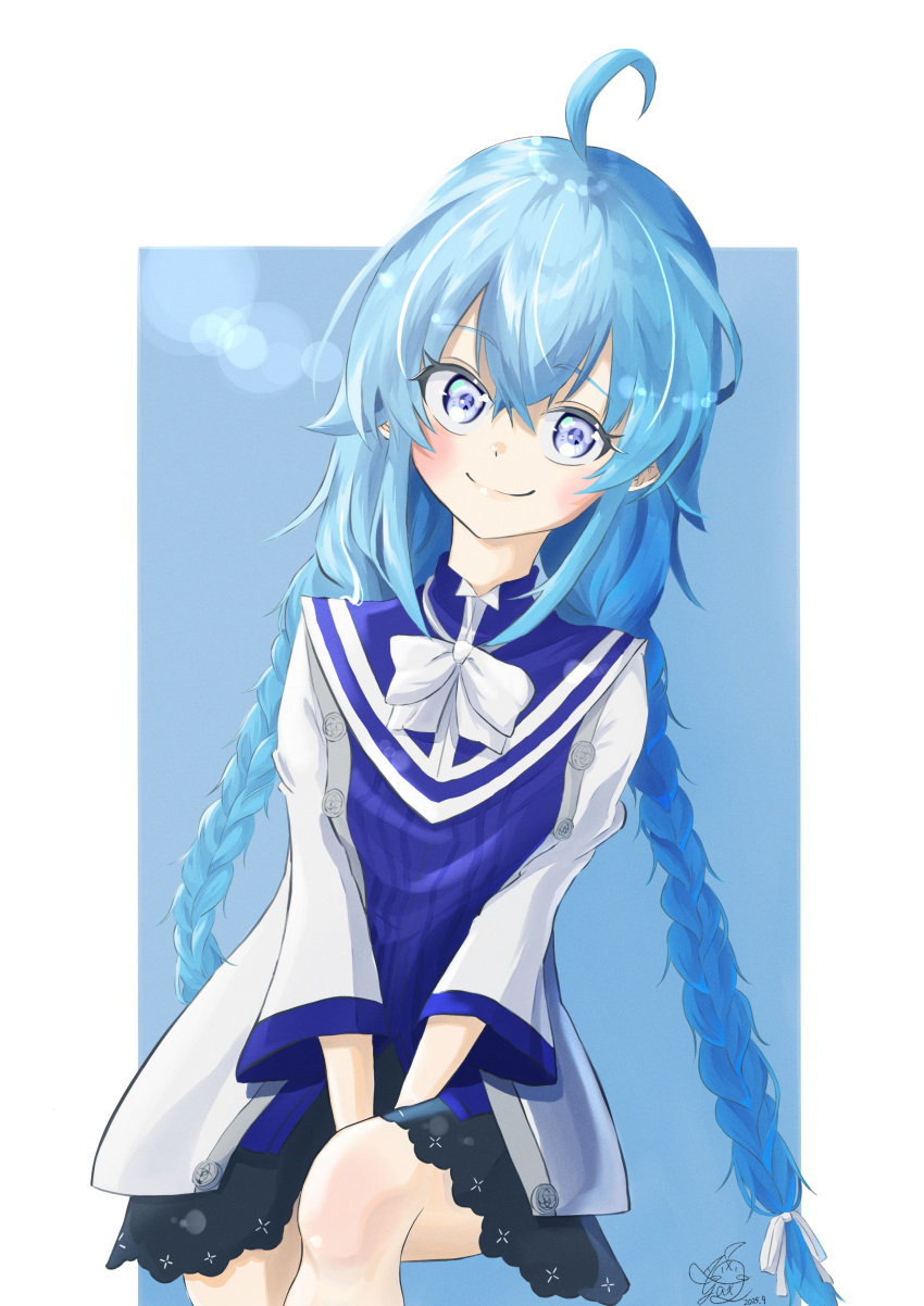 1girl, absurdres, ahoge, black_skirt, blue_background, blue_eyes, blue_hair, blue_shirt