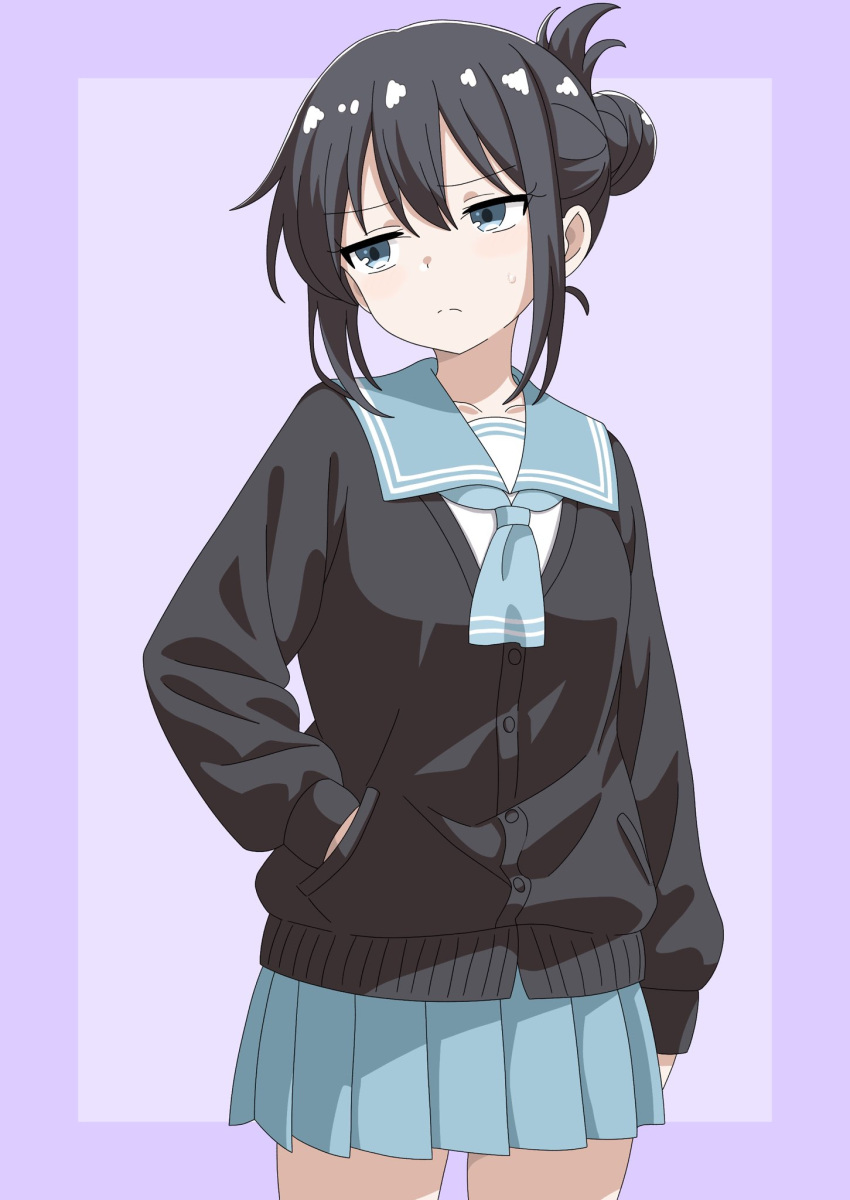 1girl, black_cardigan, black_hair, blue_eyes, blue_neckerchief, blue_sailor_collar, blue_skirt, blush