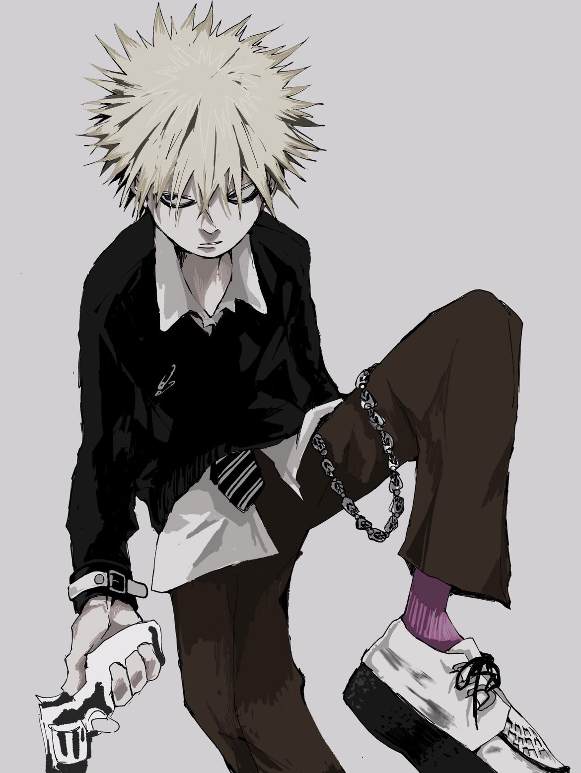 1boy, angry, black_necktie, black_sweater, blonde_hair, bracelet, brown_pants, collared_shirt