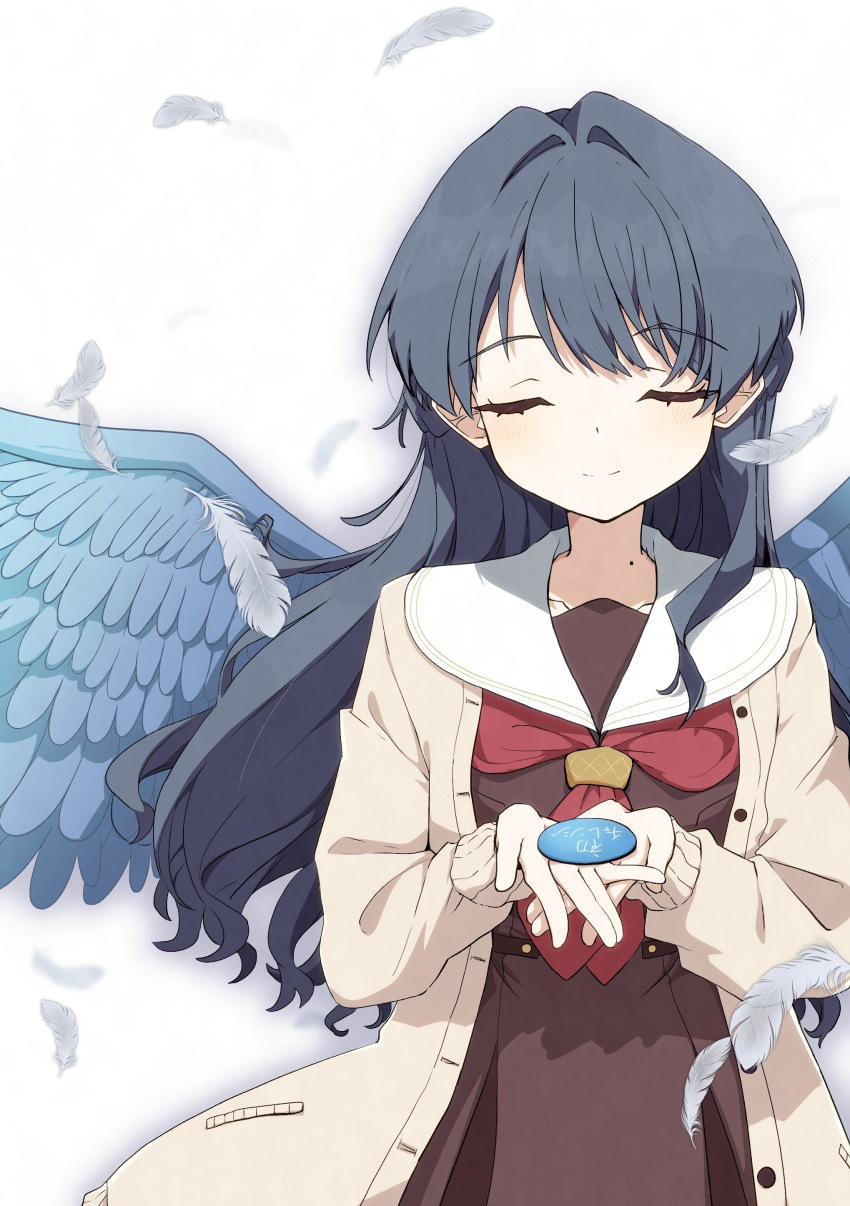 1girl, absurdres, badge, blue_wings, brown_dress, button_badge, closed_mouth, collarbone