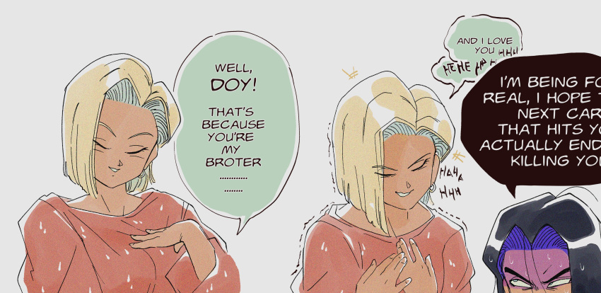 1boy, 1girl, android, android_18, black_hair, blonde_hair, bowl, cal_monssi