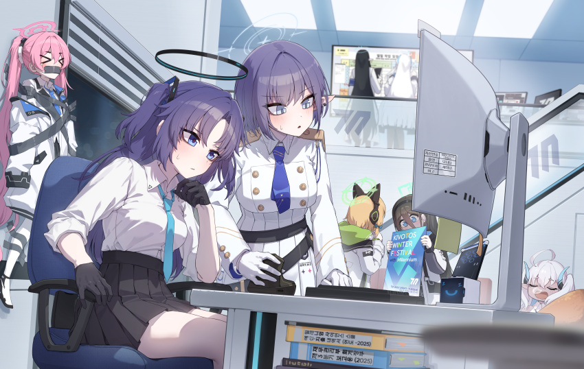 6+girls, absurdly_long_hair, absurdres, animal_ear_headphones, animal_ears, aoi_(blue_archive), aqua_halo, aris_(blue_archive)