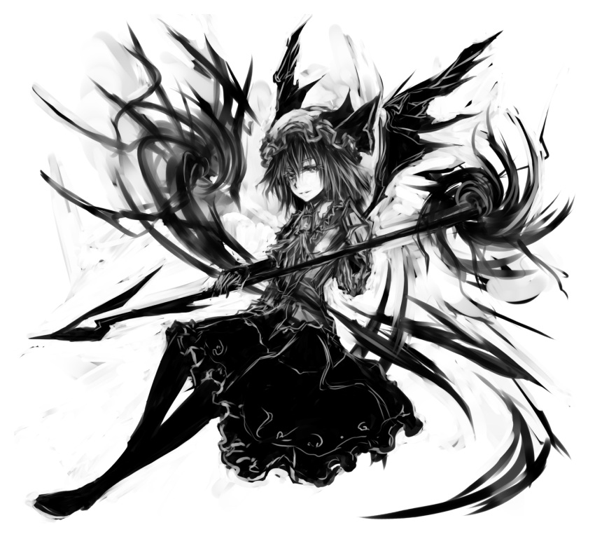 acryl, hat, highres, monochrome, pantyhose, polearm, remilia_scarlet, skirt