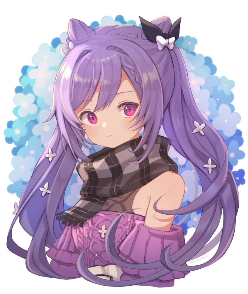 1girl, aran_sweater, bare_shoulders, beads, belt, black_ribbon, black_scarf, blush