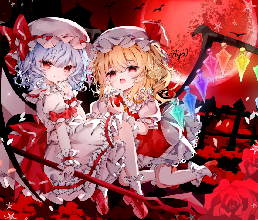 2girls, apple, ascot, back_bow, bat_(animal), bat_wings, blonde_hair, blue_hair