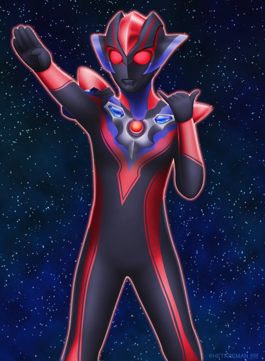 1girl, absurdres, alien, arm_up, armor, black_skin, blue_background, breasts