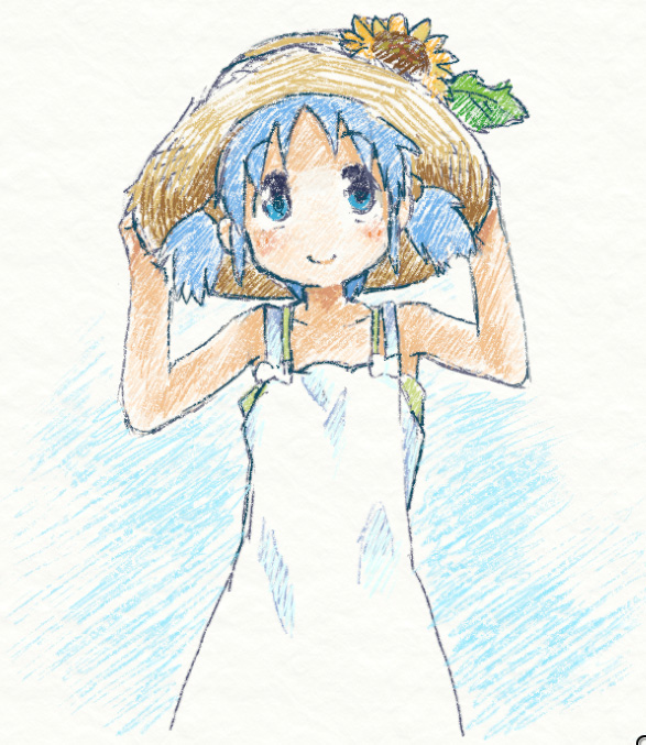 bare_shoulders, blue_eyes, blue_hair, blush, flower, hair_ornament, hands_on_hat, hat, naganohara_mio, nichijou, shiromi-12, short_hair, short_twintails, smile, straw_hat, twintails